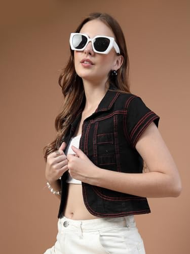 Image of Style Quotient Women Navy Blue Denim Open Front Regular Shrug