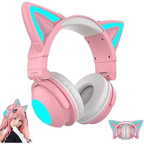 Xbtianxia Cat Ear Wireless/Wired Headphones, LED Light Up Bluetooth Foldable Gaming Headset, Over Ear Headset with Microphone (Color : Pink) Cover