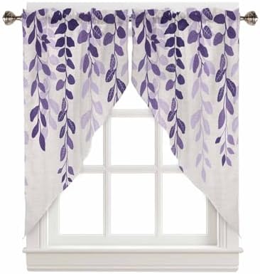 Leaf Swag Valance Curtains Plants Leaves Farmhouse Style Gradient Purple Linen Texture Rod Pocket Kitchen Scalloped Window Treatment Valances Swag Curtains for Living Room, 1 Pair, 36″ W x 45″ L