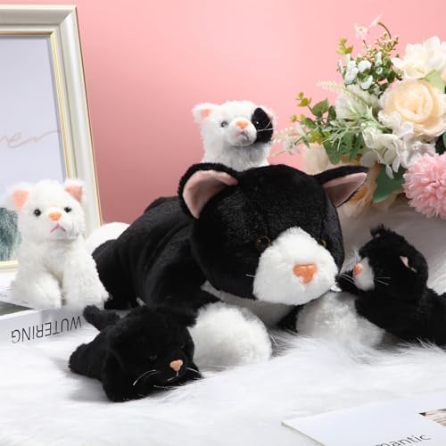 Image of Skylety 5 Pieces Cat Stuffed Animal with Babies Inside Belly Plush Cat Pregnant Mommy Kitty with 4 Cute Fluffy Stuffed Kittens Christmas Birthday Surprise Gifts(Black, White)
