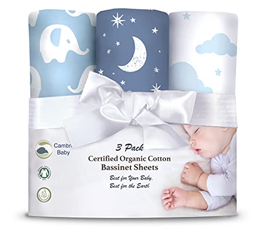 Cambria Baby 100% Organic Cotton Jersey Fitted Bassinet Sheets For Boy. 3 Pk Adapts To Oval, Hourglass & Rectangle Shaped Bassinet Pads. Fits Halo, Snoo, Graco, And Most Other Standard Size Bassinets. #TOP4