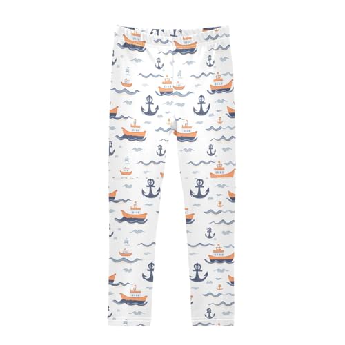ALAZA Girls' Leggings Children's Yoga Pants Skinny Printed Dance Blue Nautical Ship Comfortable 4T