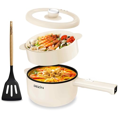 Dezin Hot Pot Electric, 2L Non-Stick Sauté Pan, Rapid Noodles Cooker, Mini Portable Pot for Steak, Egg, Fried Rice, Ramen, Oatmeal, Soup with Power Adjustment & Spatula, College Dorm Room Essential