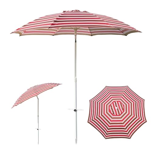ZIHQRgE Ombrellone da Giardino Rotondo Inclinabile 215x230 cm Ombrellone da Spiaggia a Strisce 8 Stecche Anti UV per Padiglione, Terrazza, Mercato, Prato