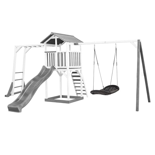 AXI Beach Tower Wooden Play Tower in Grey and White | Play tower with sandpit, climbing frame, nesting swing and grey slide | Play house on stilts for the garden