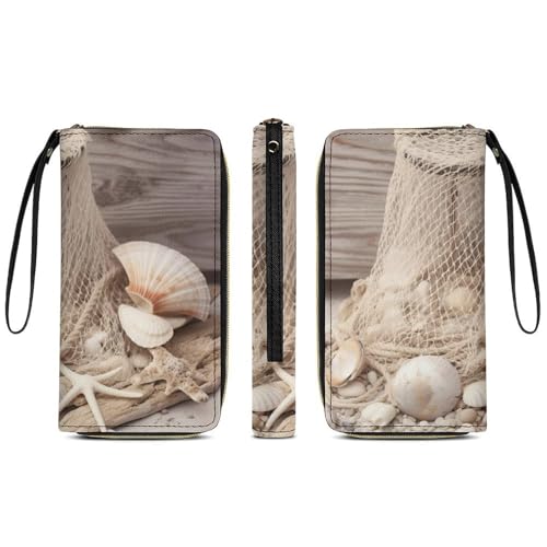 Womens Leather Wallets with Wristlet Strap Coastal Fishing Net Shell Wallet for Women Card Phone Holder Ladies Purse3