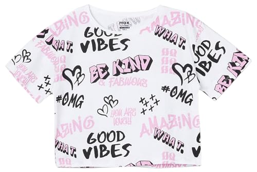 Max Girls Cotton Printed Cropped Regular Fit T-Shirt (S24Ebt50White)_8-9Y, 8-9 Years