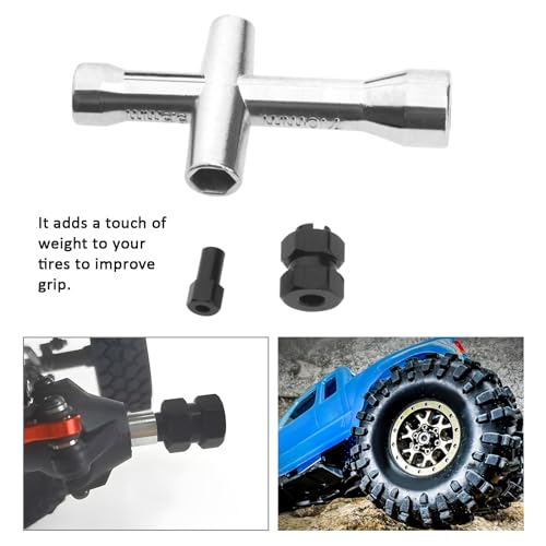 ECSiNG 4 Stück Verlängerte 7 mm Sechskant-Radnaben aus Schwarzem Messing 8 mm Dicke Spurverbreiterungen Kompatibel mit SCX 24 1/24 RC-Car mit Kreuzschlüssel