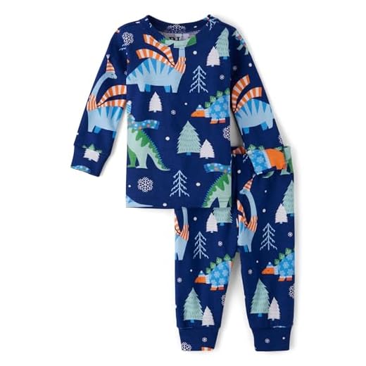 The Children's Place Conjunto de pijama de 2 peças para bebês meninos Dino Heads manga longa ajuste confortável 100% algodão, Dinossauros Downpour, 0-3 Meses
