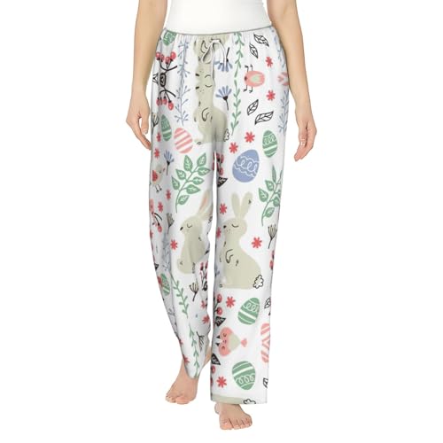 Pantalon de pyjama ample pour femme imprimé fleurs et lapins en tissu doux