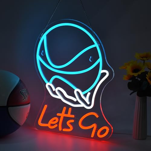 Image of 'Let's Go' Basketball Neon Sign for Wall Decor - 17 inchx12.6 inch, Dimmable LED Sign for Room Decor. Ideal for Boys' & Men's Bedrooms, Living Rooms, & Sports Man Caves. Cool Blue & Red Basketball Gifts Idea!
