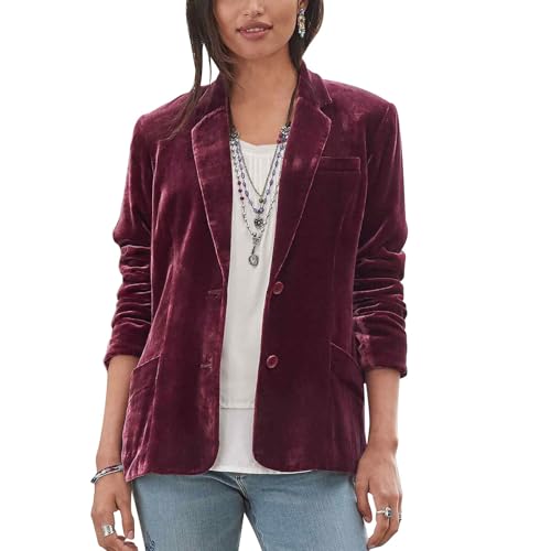 Mintlimit Casual Velvet Blazer Jacket For Women Long Sleeve V Neck Button Down Blazer Jackets With Pockets (Wine Red,S)