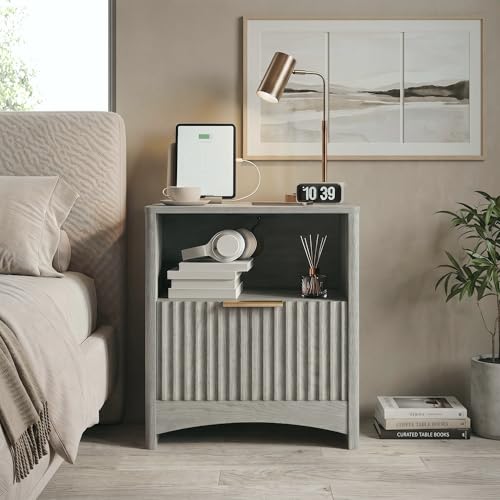 Image of Marsail Fluted Nightstand Set of 2, Wooden Nightstands with Drawers, Modern Bedside Table with Charging Station and Storage, End Table with Storage Side Table for Bedroom, Grey