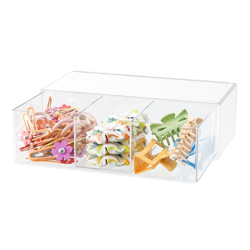 JDOTL Hair Accessories Organizer for Girls, Clear Acrylic Hair Bow Tie Clip Scrunchie Holder with Divider, Cute Small Stackable Storage Drawer Container Caddy Box for Bathroom Vanity Countertop