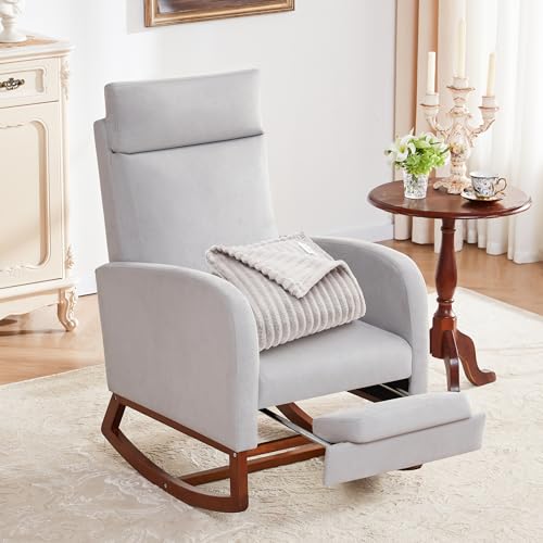 Image of Nursery Rocking Chairs with Foot Rest, Rocking Chair Nursery Chair with High Back, Glider Rocking Chair, Baby Nursery Glider Rocker, Nursing Chair Accent Living Room Grey with Blanket