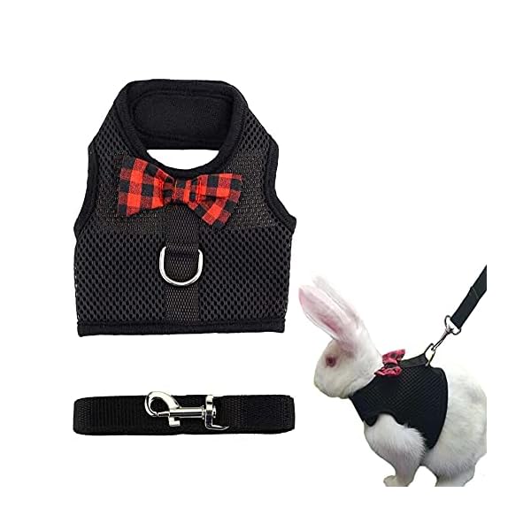 Asocea adjustable bunny harness and leash soft pet harness vest cloth lead for small animals rabbits ferret kitten black