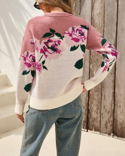 Image of Women's Flower Sweater Crew Neck Casual Long Sleeve Drop Shoulder Pullover Sweaters Knit Top