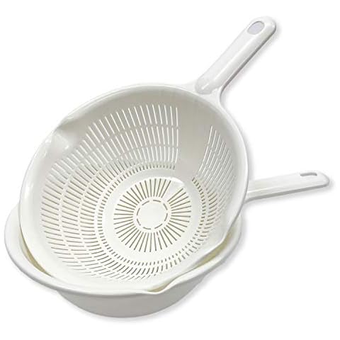 Kitchen Colanders and Bowl with Handle Pair Set. Easy to Use, 1.3-quart, 8" Handy Size, for Pasta, Spaghetti, Berry, Veggies, Fruits, Noodles, Salads, Made in Japan (White with Handle) Cover
