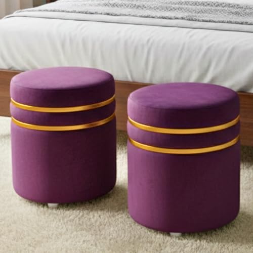 Image of Decorative Ottoman Pouffes for Sitting - Two-Piece Set of Puffy Stools and Footstools - Round Ottoman Stool for Living Room Furniture (Purple)