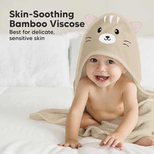 Image of KeaBabies Hooded Baby Towel for Newborn, Baby Bath Towels (Cat, 30x30) | Viscose Derived from Bamboo, Large Baby Towels with Hood, Boys, Girls, Toddler, Soft Absorbent Baby Bath Essentials