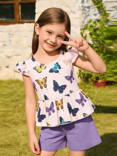 Image of Girls Summer Outfits Toddler Baby Girls Short Sets 2 Piece Clothing Set Flutter Sleeve Shirt and Short 2-7 Years