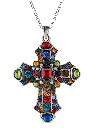 Image of Alilang Ornate Antique Golden Tone Colorful Rhinestone Cross Pendant Necklace