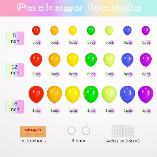 Image of Voircoloria 98pack Rainbow Balloons Different Size 18 /12 /10 /5 Inch Rainbow Colorful Balloon Garland Arch Kit for Graduation, Wedding, Birthday, New Year, Anniversary Party Decorations