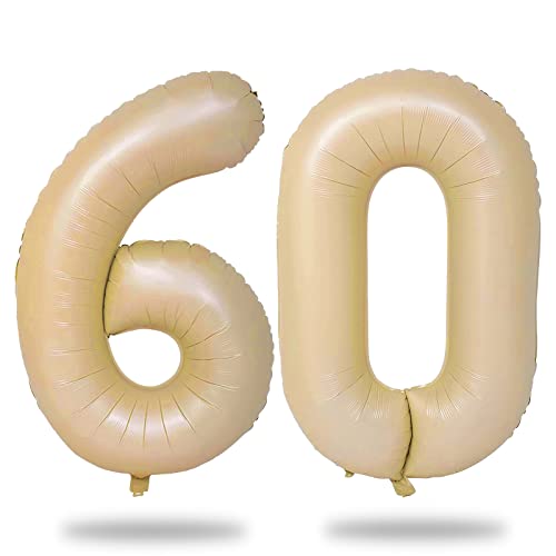 Ballon d'anniversaire beige en forme de chiffre 60 - 101,6 cm - Grand ballon en aluminium neutre avec chiffres 6 et 0 pour femme de 60 ans, couleur chair bohème pour 60e anniversaire de mariage Cover