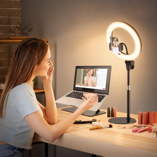 Upgrade Ringlicht mit Stativ Handy Laptop PC Videokonferenz Licht,10.5” Ring Light LED 3 Lichtfarben+10 Helligkeiten 360°Drehbar… – Ansicht 1