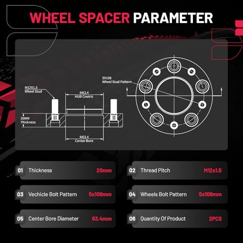 Image of BDFHYK 5x108mm Hubcentric Wheel Spacers 20mm 5x4.25 Compatible with Ford Jaguar Lincoln Volvo Mercury Forged 5 Lug Wheel Adapters M12x1.5 & 63.4mm Hub Bore, Set of 2