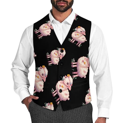 Cute Sheep with Flower Mens Slim Fit Suit Vest Dress Waistcoat Casual Business Vest