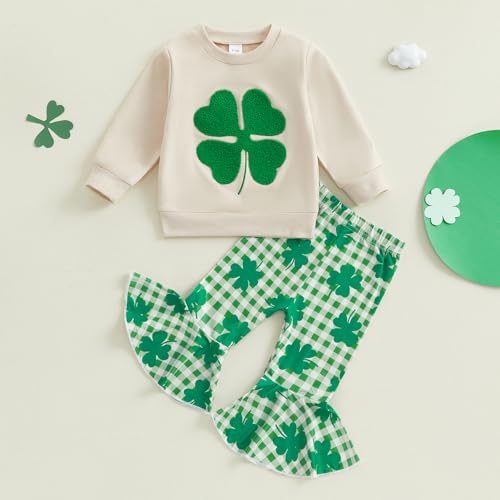 BemeyourBBs Toddler Girl St Patricks Day Outfit Baby Girl Shamrock Sweatshirt Top Flared Pants Set 2 Piece Spring Clothes2