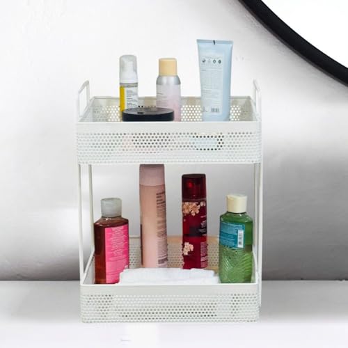 Image of Amazon Brand - Umi Metal Standing Rack 2-Tier Countertop Organizer for Bathroom, Dressing Table & Desk | Powder Coated Rust-Resist Iron | Freestanding Space-Saving Shelf (White)