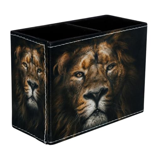 VAPOKF Portalápices de retrato de león para escritorio, 2 compartimentos, portalápices, brochas de maquillaje, almacenamiento de suministros de papelería, organizador para oficina en casa