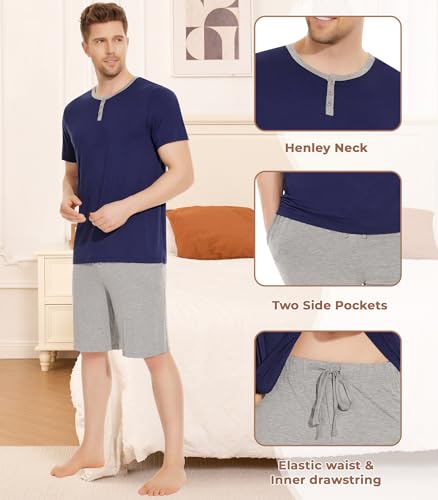 Image of NACHILA Men's Bamboo Viscose Short Sleeve Pajama Set Cooling PJs Soft Breathable Sleepwear with Pockets Summer Loungewear