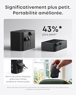 Anker Nano Adaptateur Prise Universelle, Adaptateur Voyage 5 Ports avec 1 Prise CA, 2 Ports USB A et 2 Ports USB C, contrôle Intelligent de la température, à Utiliser dans Plus de 200 Pays
