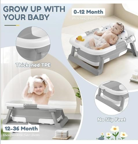 Image of Premium Foldable & Collapsible Baby Bathtub,Bath Tub with Soft Cushion, Bathtub for Newborn to Toddler 0-36 Months,Portable Travel Baby Tub with No-Slip Feet,Baby Shower Gifts Pink (Baby Bath Grey)