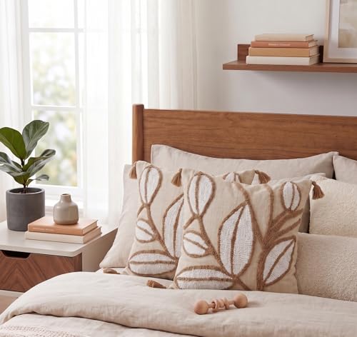 Image of Furnistitchs Handmade Cotton Bohemian Home Decor Cushion Cover 24x24 inches / 60x60 cms - Boho Chic Couch Sofa Throw Living Room Bedroom Cushions (2, Brown Leaves)