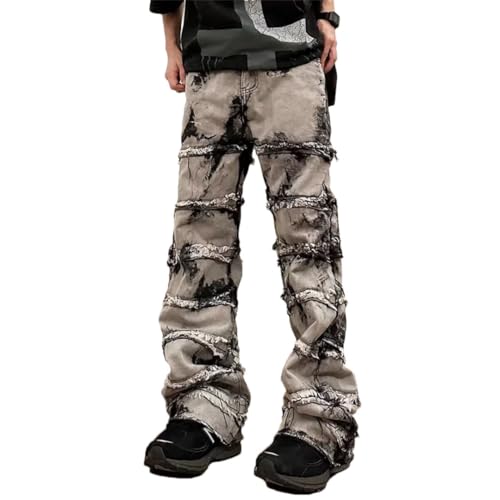 Men Tie Dye Y2K Baggy Stacked Jeans Pants Clothing Straight Vintage gray9 Long Trousers