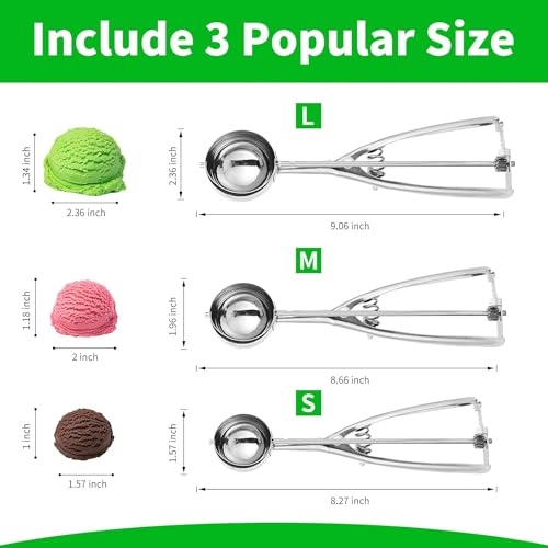 MEETOZ 3PCS Ice Cream Scoop, Premium Cookie Scoop Set, Small/Medium/Large Stainless Steel Scoop, Ice Cream Scooper with Trigger Release, Cookie Scooper for Baking, Cupcake Scoop - Image 3