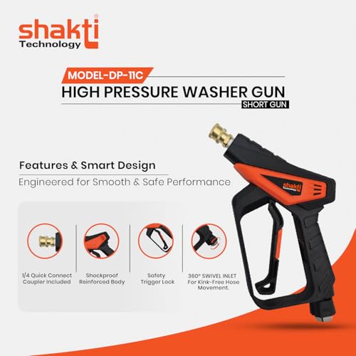 Image of Shakti Technology DP-11C High Pressure Washer Short Gun - 350 Bar Max Pressure, 360 Swivel Inlet, 4 Interchangeable Nozzles, Quick Connect System for Car, Bike & Home Cleaning