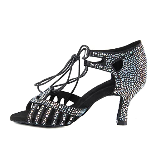 Syrads Zapatos de Baile Latino con Punta Abierta y Diamantes de imitación para Mujer Zapatos de Baile estándar para práctica de Fiesta de salón,Negro 7.5cm Heel,37 EU Cover