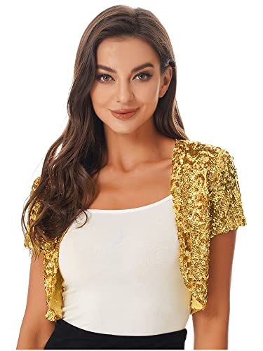 IEFIEL Boléro Paillette Brillant Femme Gilet de Danse Ballet Spectacle Veste Cardigan Soirée Cérémonie Manteau Haute Jazz Dance Tank Top Sequins Shiny Waistcoat Z Or Taille Unique