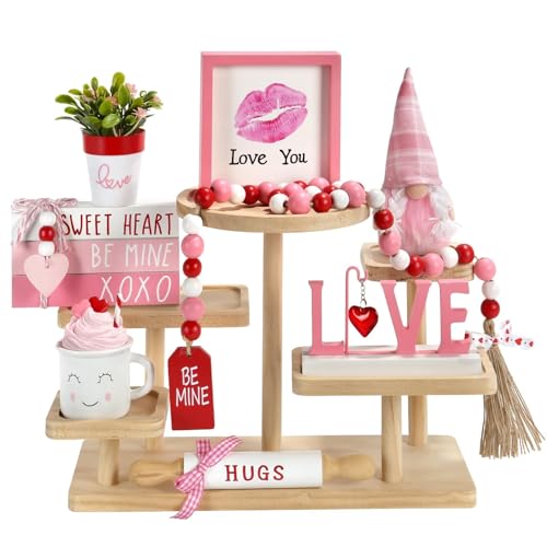 Pink Valentine's Day Decorations 8 PCS Tiered Tray Decor Set, Cute Tabletop Valentine Décor for Home Office Indoor Shelf Mantel Coffee Bar Romantic Table Centerpiece Tray Object Decoration Set