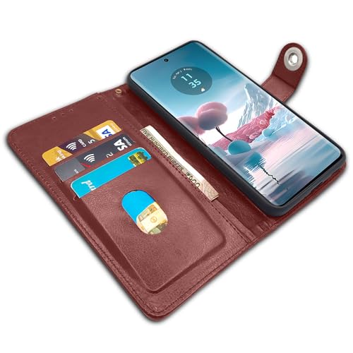 Image of Pikkme Moto Edge 40 Neo 5G Flip Cover Leather Finish | Wallet Stand and Shock Proof | Inside TPU with Card Pockets | Complete Protection Button Flip Case (Brown)