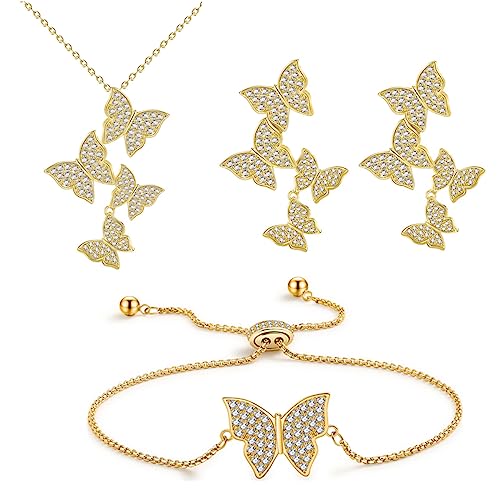 MAARRING 3 Pieces Butterfly Jewelry Set - 14K Gold Plated Dainty Butterfly Earring Necklace Set with Cubic Zirconia, Birthday Gifts for Women (Gold)