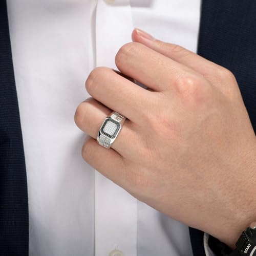 Mens Wedding Band Pave 5A Black and White Cubic Zirconia 925 Sterling Silver Round Cut 14K White Gold Plated Promise Ring For Him Size 7-144