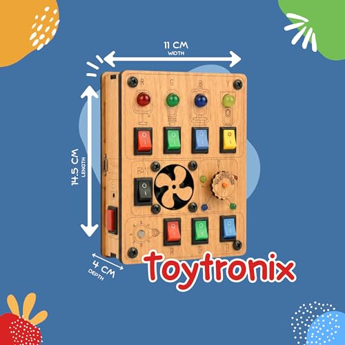 Image of Wooden Busy Board for Toddlers 1-4 Years | Rechargeable Sensory Toy with LED Lights, Fan, Vibration & Buzzer | Montessori Activity Learning Toy for Kids