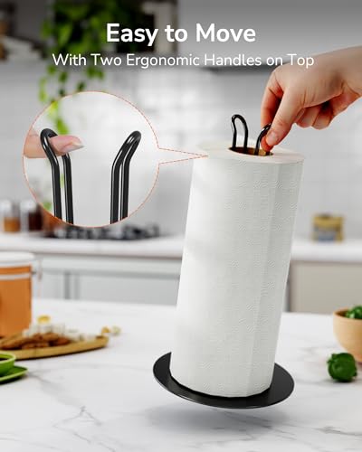 ULG Paper Towel Holder Countertop One Hand Tear Kitchen Paper Towel Dispenser One-Size-Fits-All Standing Paper Towel Holder Portable Weighted Paper Towel Accessory, Black