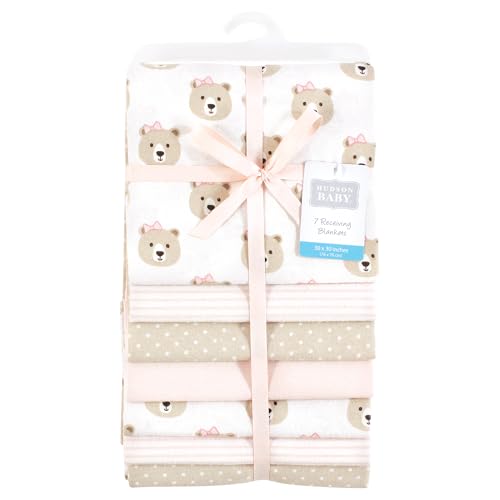 Image of Little Treasure Hudson Baby Cotton Poly Flannel Receiving Blankets Multipack, Pink Taupe Bears, 30x30 inches